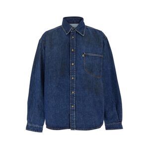 Erl Men Blue Shirt With Pointed Collar And Logo Patch On The Front In Denim Man